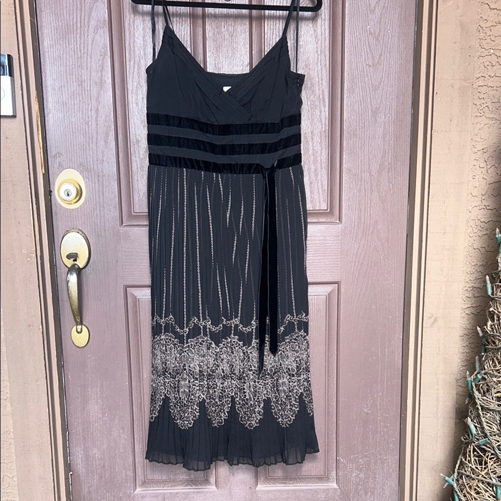 LOFT Black and Cream Embroidered Midi Dress